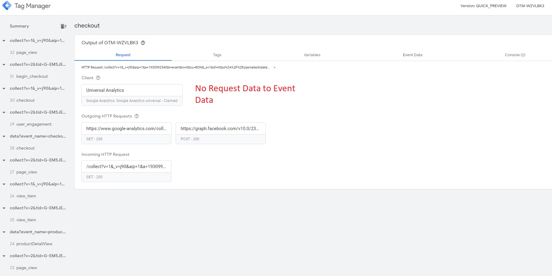 No Request Data to Event Data Client working